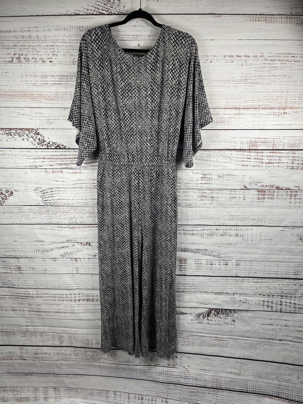 Garnet Hill Jumpsuit Women's Medium Navy White Geometric Print Wide Leg Pockets